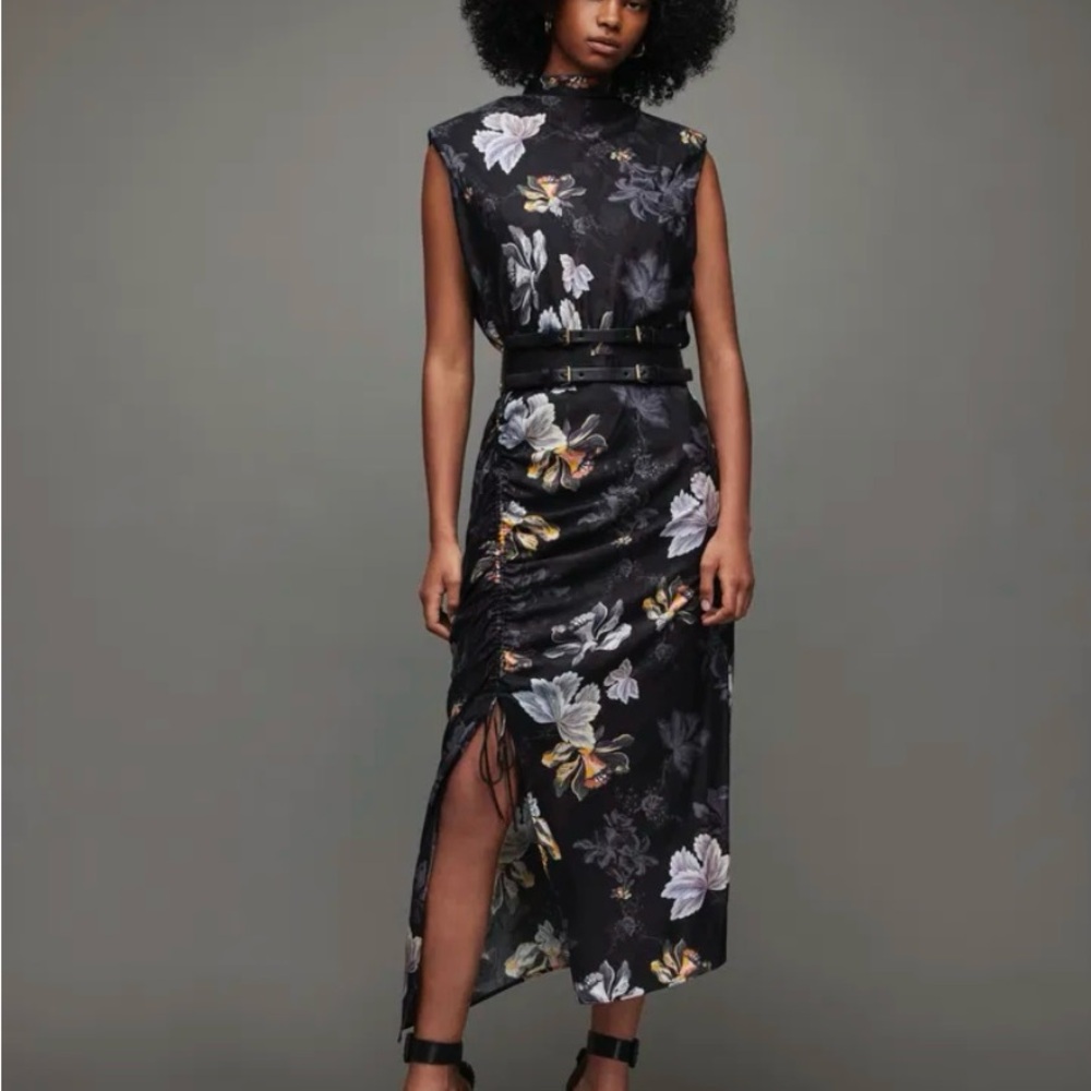 All Saints Black Floral Asymmetrical Dress